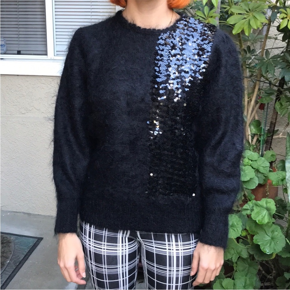 Vintage 80’s black mohair knitted sweater with exclusive sequins decor in front